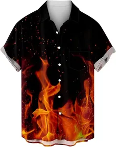 Dettaglio camicia manica corta stampa fiamma 3D uomo, top estivo casual mare nero.
