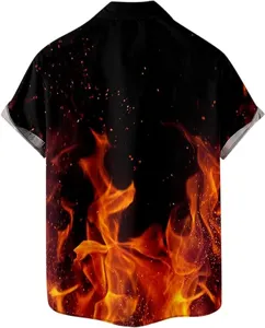 Camicia Uomo Stampa Fuoco 3D Maniche Corte Estate Casual Spiaggia Bottoni Top Nuova