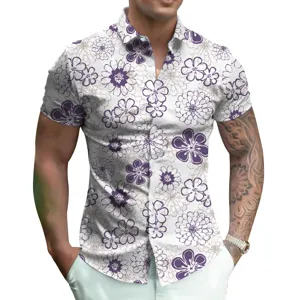 Men's summer short sleeve button down shirt with purple floral 3d print casual top apparel.