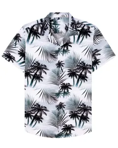 Men's short sleeve Hawaiian shirt with tropical palm tree leaf print for summer beach casual.