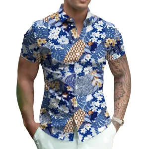 Men short sleeve summer casual shirt blue floral patchwork button down shirt detail view