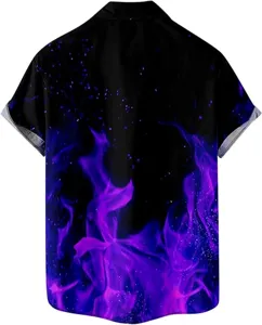 Camicia uomo manica corta stampa fiamma viola 3D estate top casual per vacanze mare spiaggia