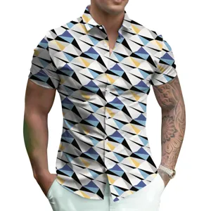 Men's short sleeve geometric print button down shirt summer casual stylish 3D fashion top