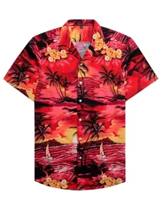 Men's red tropical Hawaiian short sleeve shirt with sunset palm tree and floral print.