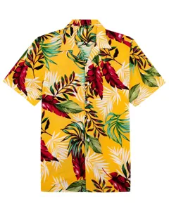 Men's tropical leaf print short sleeve Hawaiian shirt in vibrant yellow with button-up.