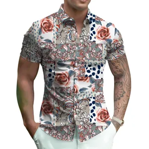 Men's short sleeve casual button down shirt vintage floral 3d print summer hawaiian shirt