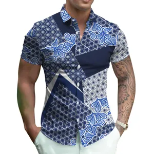 Men's short sleeve 3D digital print casual button down shirt with stylish geometric pattern.