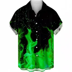 Camicia da Uomo Estiva Casual a Manica Corta con Colletto a Punta Stampa 3D Fiamma Top da Spiaggia