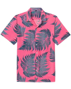 Mens pink hawaiian shirt with green fern leaf print short sleeve summer beach holiday casual top