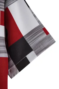 Close-up detail of men geometric printed short sleeve shirt sleeve cuff stitching.