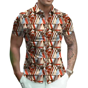 Detailed view of abstract geometric print fabric texture on men's short sleeve summer shirt.