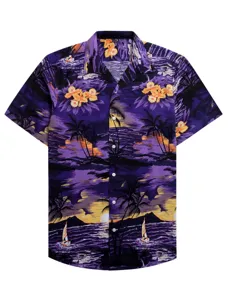 Men's short sleeve Hawaiian shirt with tropical sunset beach and floral print for summer.