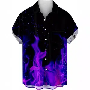 Uomo manica corta fiamma viola stampa 3D camicia estate casual spiaggia vacanza colletto rovesciato