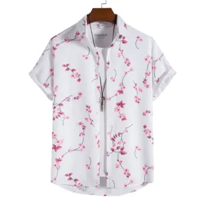 Men's short sleeve floral print casual button up shirt with white t-shirt summer top