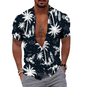 Chemise hawaïenne à manches courtes pour homme avec motif de palmier, haut d'été décontracté.