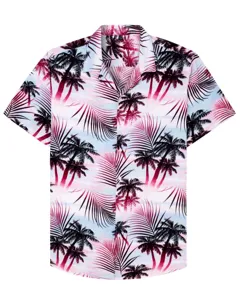 Men's short sleeve resort shirt detail showing tropical palm tree print and button closure design.