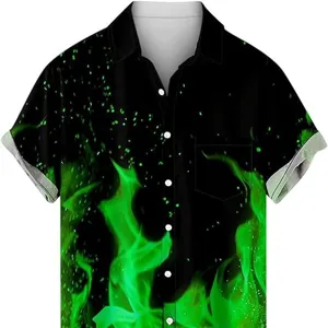 Camicia uomo manica corta stampa fiamma verde 3D casual larga risvolto spiaggia estate top