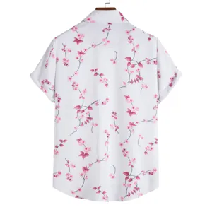 Men short sleeve casual shirt back view detail, white background with pink floral blossom print.