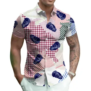 Men's short sleeve 3D digital print casual shirt with lapel and button down design for summer.