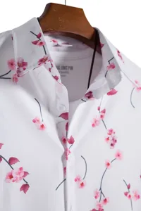 Men casual short sleeve white shirt with pink floral print, button down collar detail shot.