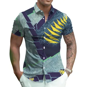 Men's short sleeve casual button-down shirt with 3D abstract geometric print for summer wear.