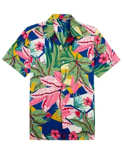Men's tropical floral printed short sleeve Hawaiian shirt casual beach holiday button down top