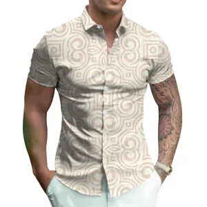 Men's short sleeve 3D digital print shirt with geometric swirl pattern for summer casual wear.