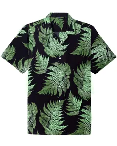 Men's short sleeve Hawaiian shirt with green fern leaf print on black casual holiday top.
