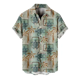 Gros plan sur le tissu de la chemise hawaïenne à imprimé tortue tropicale pour hommes.