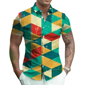 Men short sleeve digital print shirt vintage geometric pattern casual summer button down top