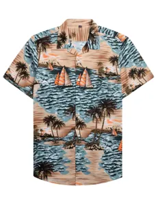 Close-up detail of tropical palm tree and sailboat print men's Hawaiian summer shirt.