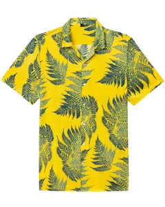 Men's yellow Hawaiian short sleeve shirt with blue fern leaf tropical vacation print style.