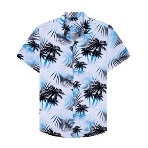 Men's short sleeve Hawaiian shirt casual tropical palm tree print beach button down top.