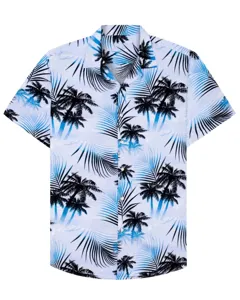 Detailed view of a men's short sleeve Hawaiian shirt with blue palm tree print fabric.