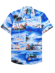 Close-up detail of short sleeve tropical Hawaiian shirt with scenic sailboat and palm print