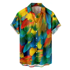 Chemise hawaïenne décontractée à manches courtes pour homme avec impression 3D de plumes.