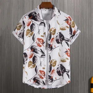 Men's Casual Short Sleeve Shirt Digital Printed Summer Fashion Slim Fit Turn-Down Collar Button Down Top