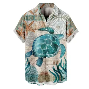 Chemise hawaïenne à manches courtes pour homme motif tortue de mer et carte 3D décontractée