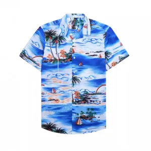 Men's casual short sleeve Hawaiian 3D tropical beach sunset print button-down shirt top