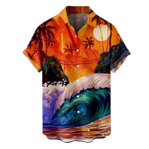 Chemisette hawaïenne décontractée pour homme avec imprimé artistique 3D coucher de soleil.
