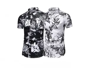 Herren Kurzarm Freizeithemd blumenmuster Sommer Mode schwarz weiss Knopfleiste Detail Ansicht