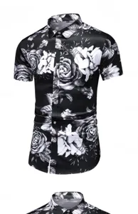Detailansicht Herren Sommer Kurzarmhemd schwarz weiß Blumenmuster Freizeitoberteil.