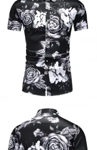 Detaillierte Vorder- und Rückansicht des eleganten schwarz-weißen floralen Kurzarmhemds.