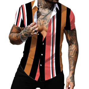 Chemise casual homme manches courtes vintage rayée revers boutonné impression 3D haut