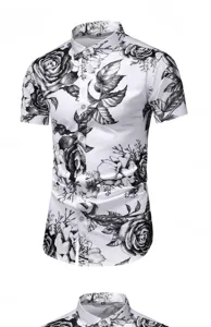 Herren Kurzarm Hemd Blumen Druck Freizeit Sommer Oberteil Vintage Rosen Design schwarz weiss