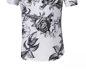 Herren Sommer casual Kurzarmhemd mit stilvollem schwarz-weißem Rosen-Blumen-Druck.