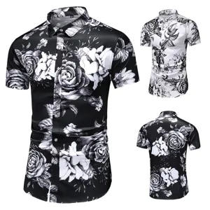Herren Kurzarm Blumenmuster Freizeit Hemd schwarz weiß stilvolles Sommer Oberteil neu