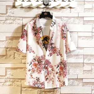 Men's Summer Floral Hawaiian Shirt Casual Loose Short Sleeve Vacation Cardigan Top