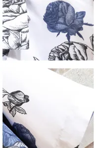 Detail shot of blue and black floral print fabric on a stylish summer short sleeve shirt.