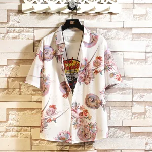 Men's summer Hawaiian floral short sleeve shirt, casual loose button down cardigan top.